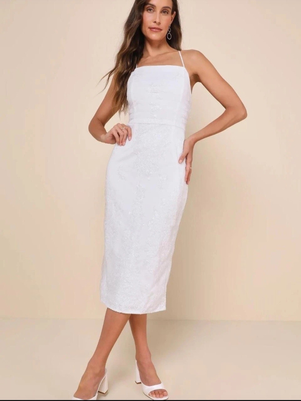 Lulu's White Spaghetti-Strap Lace Midi Dress